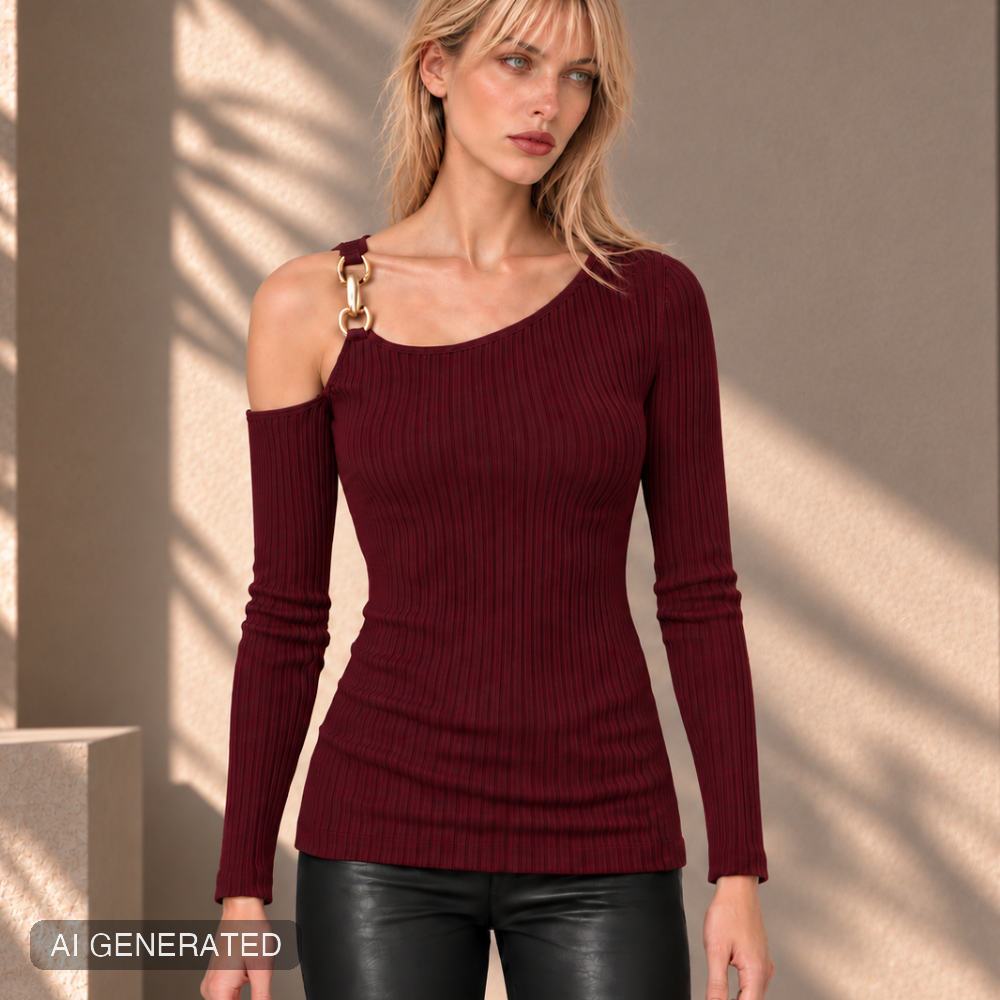 Maglia melograno in costina con scollo asimmetrico e staffa oro