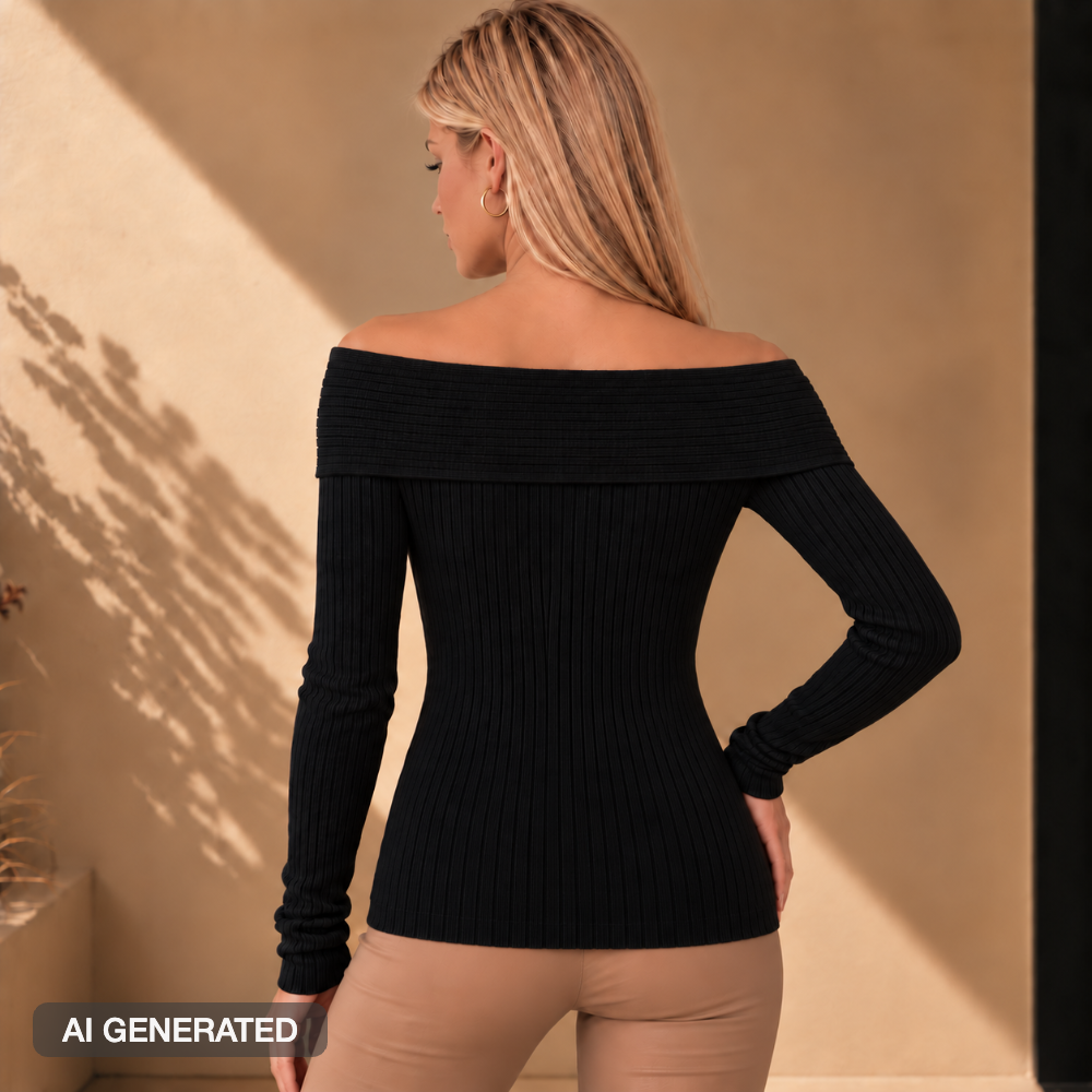 Maglia a costine con scollo Bardot nera, vista posteriore