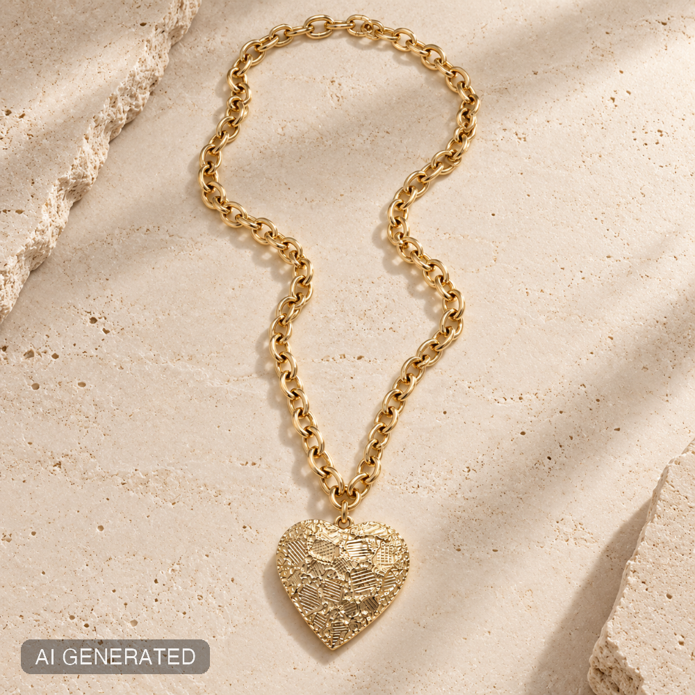 Collana lunga con ciondolo a cuore martellato oro