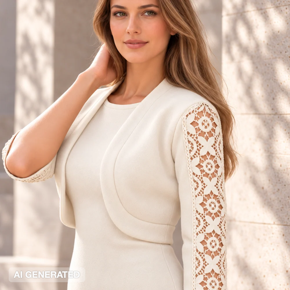 Bolero panna in maglia con maniche in pizzo macramè, dettaglio
