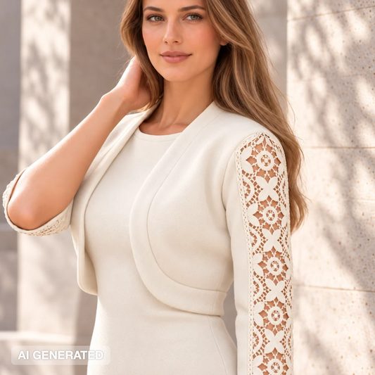 Bolero panna in maglia con maniche in pizzo macramè, dettaglio