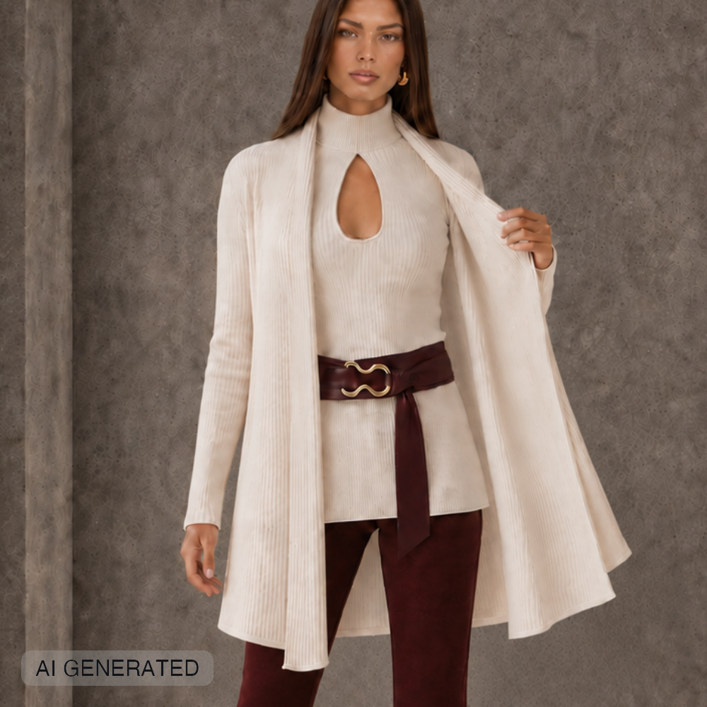Cardigan in maglia a costine con collo sciarpa panna