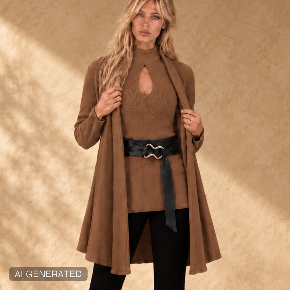 Cardigan in maglia a costine con collo sciarpa caramel