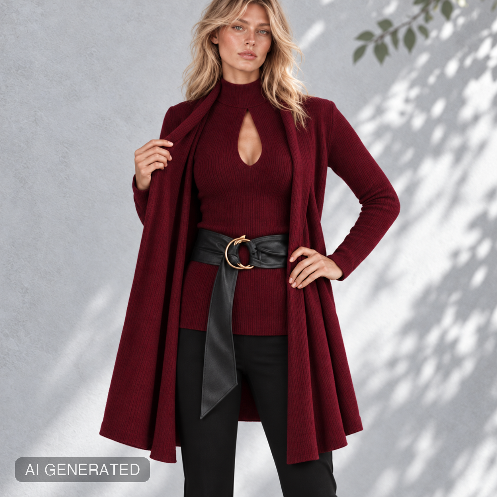 Cardigan in maglia a costine con collo sciarpa melograno