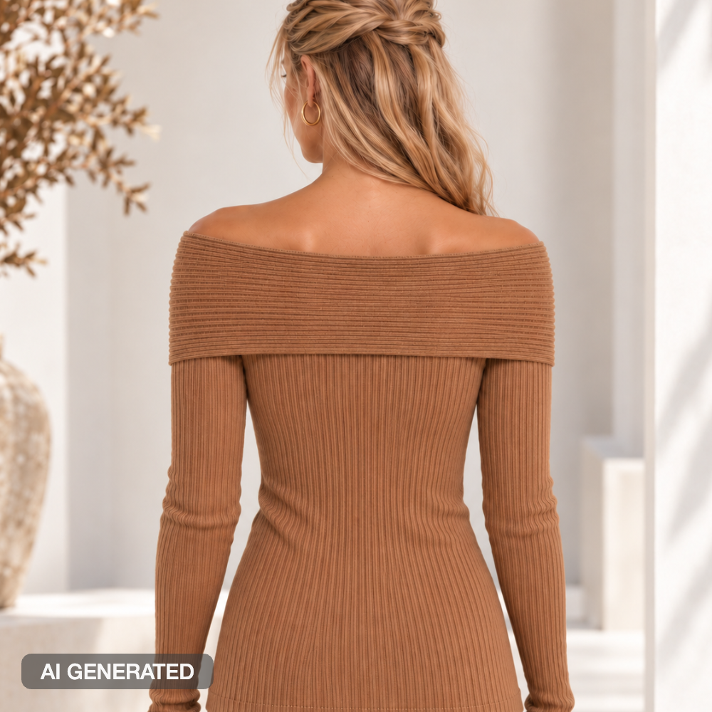 Maglia a costine con scollo Bardot caramel, vista posteriore
