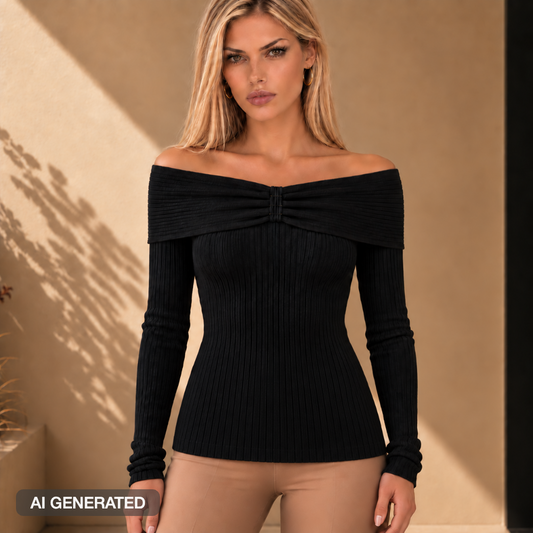 Maglia a costine con scollo Bardot nera, vista frontale