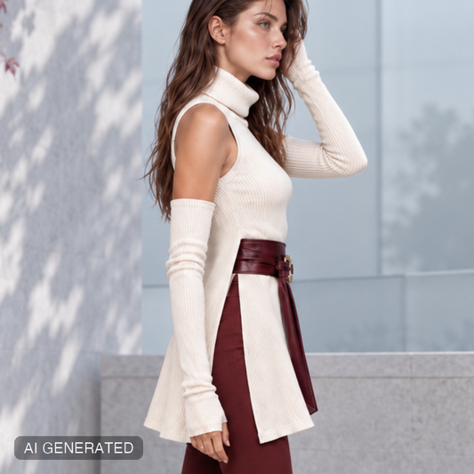 Maglia lunga a costine con collo alto e spacchi laterali panna, con cintura in vita, vista di profilo