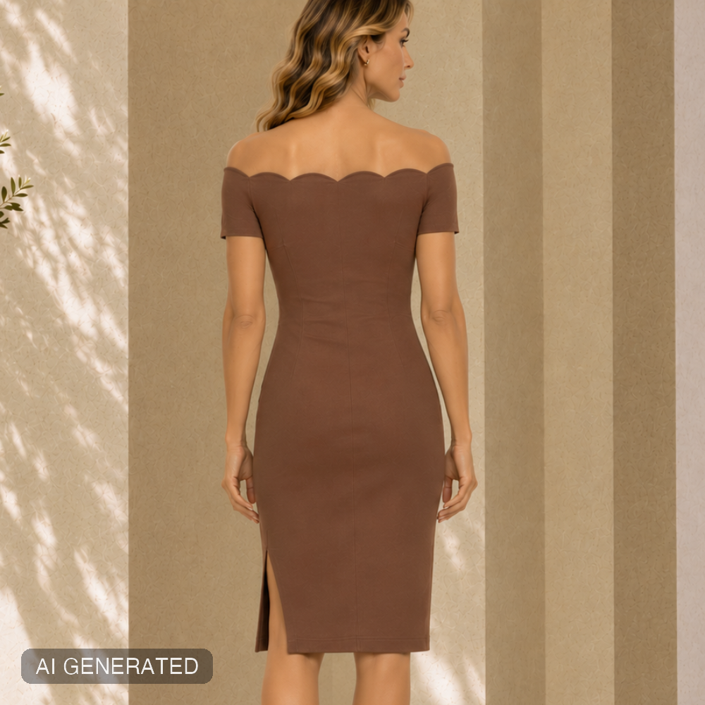 Tubino a spalle nude con scollatura smerlata caramel, vista posteriore