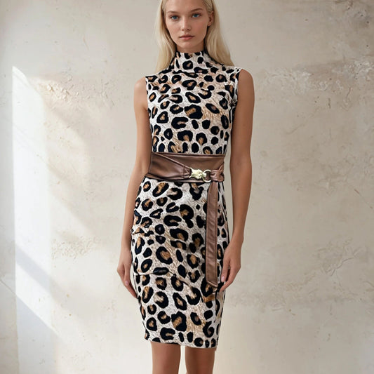High Neck Snake Print Military Dress